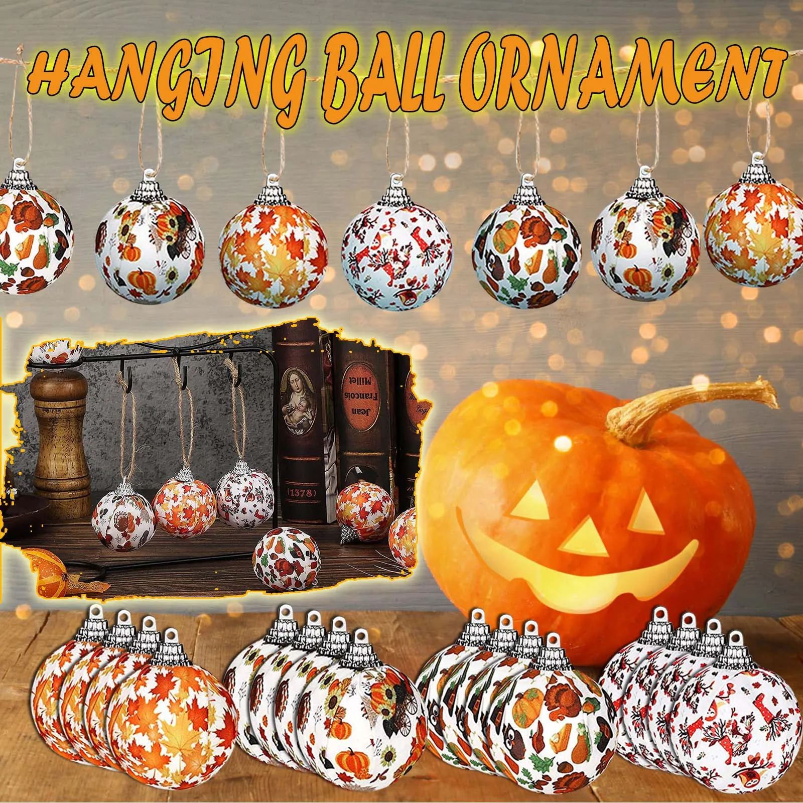 4pc/lot Hallow Fall Hanging Ball Ornament Creative Pumpkin Maple Leaf Print Home Decor Hanging