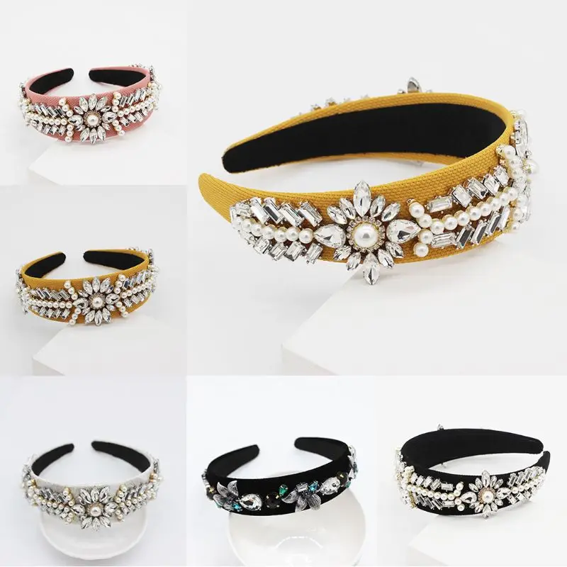 Baroque Retro Faux Leather Headband Women Bridal Full Rhinestone Flower Leaves Jewelry Hair Hoop Dance Party Banquet Headpiece