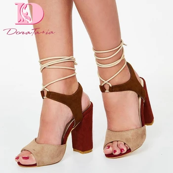 

Dora Tasia 2020 New Fashion Plus Size 46 Flock Women Sandals Peep Toe Square Heels lace-up Pumps Summer Casual Woman Shoes