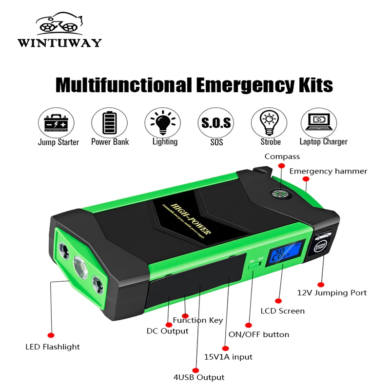 

WINTUWAY 12V Multifunctional Car Jump Starter 1000A Peak Power Bank Car Charger Car Booster Power Bank Starting B-JX19-3
