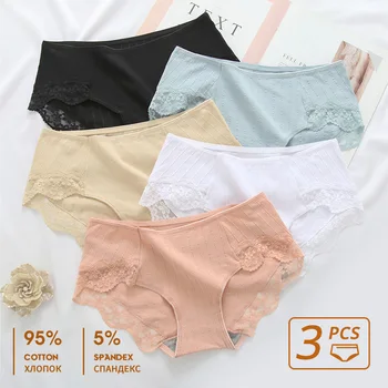 

3Pcs/lot Cotton Panties Woman Solid Color Briefs Sexy Lace Female Underwear Women Intimate Soft Underpants Lingerie Middle waist