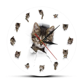 

Animal Design Kittens In Hole of Paper Printed Wall Clock Kitty Playing Acrylic Wall Watch Cute Cats Nursery Wall Decor