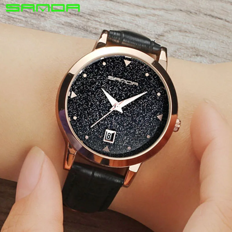 

SANDA Women Simple Creative Watches Gold Women Watches Star Dial Leather Strap Waterproof Quartz Wrist Watches Relogio Feminino