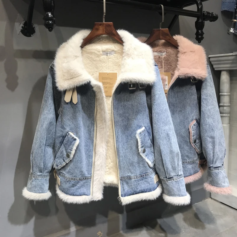 remarkable  Spring Autumn Winter New 2019 Women lambswool jean Coat With Pockets Long Sleeves Warm Jeans Coat O