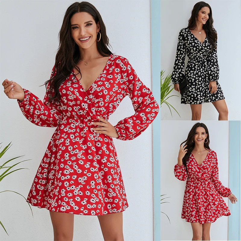 

Woman Autumn Dress Vestidos De Mujer Mini Elegant Long Sleeve V Neck Clothing Black Red Floral Dresses for Women Clothes 2020
