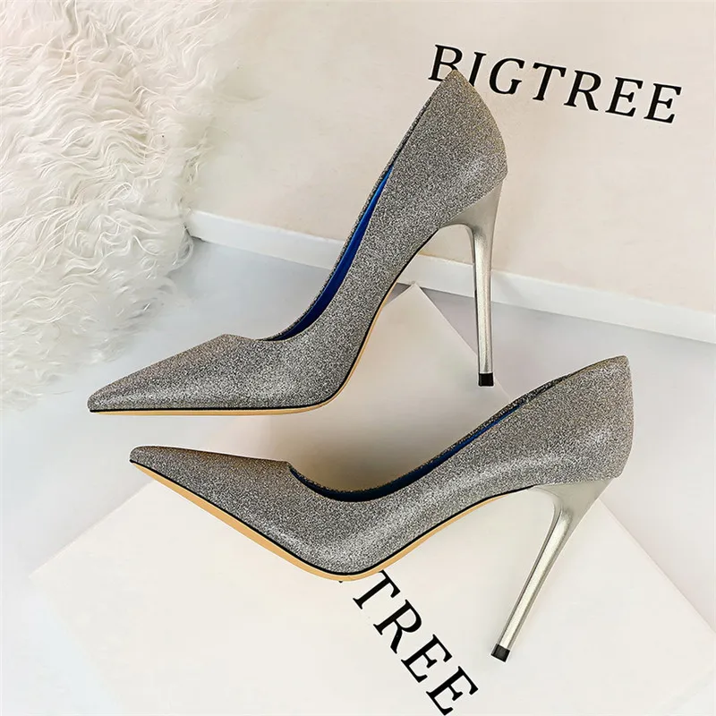 BIGTREE 10,5 см Bling выходные женские туфли-лодочки платье шпильки острый носок женские туфли на низком каблуке Женская обувь в деловом стиле на высоком каблуке для ночного клуба - Цвет: Grey