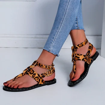 

2020 Summer Strap Sandals Women's Flats Open Toe Leopard Casual Shoes Rome Plus Size 35-43 Thong Sandals Sexy Ladies Shoes