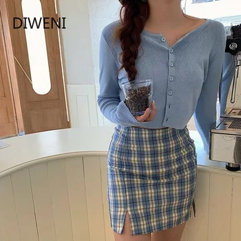 

Streetwear Slim Tartan Blue Women Skirt High Waist Split Short Skirt+ Top 2 Piece Set Mini Skirt harajuku plaid skirts womens