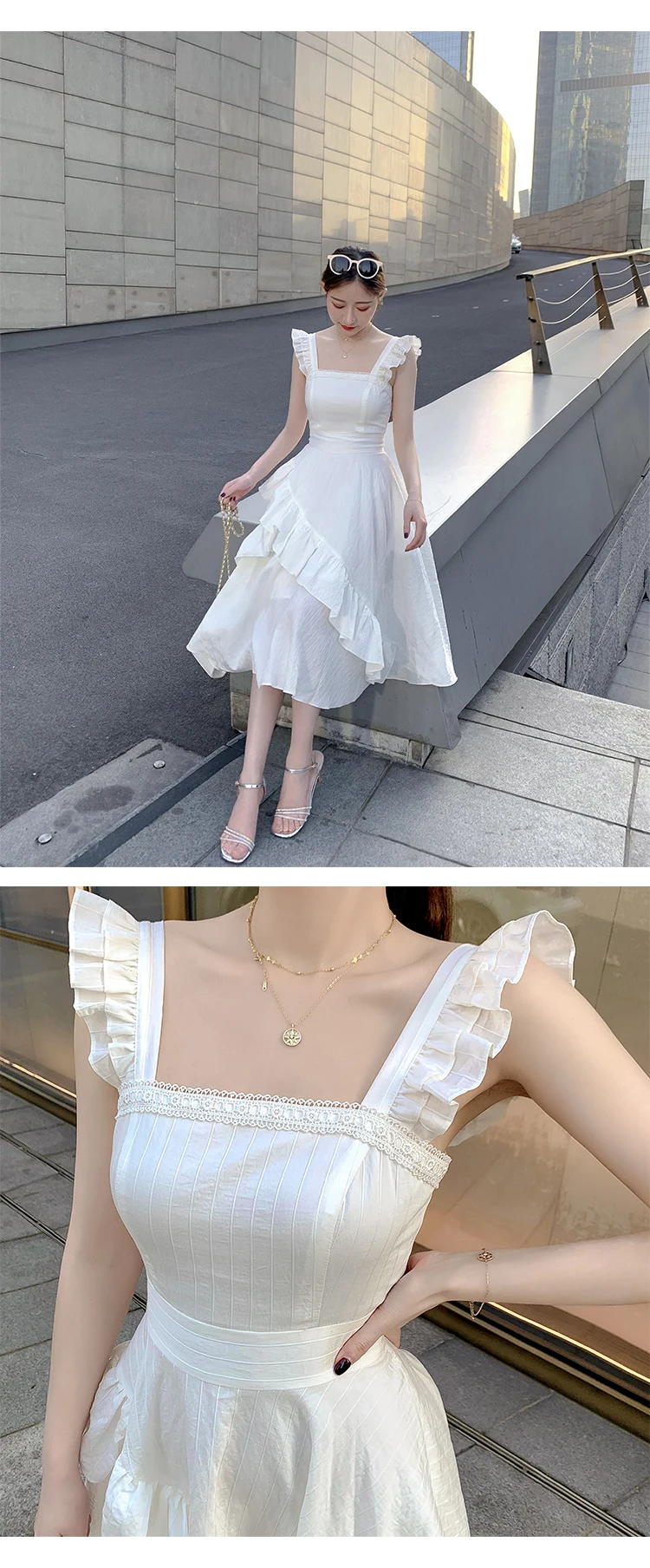 Vestido suspenso com cintura francesa, vestido branco de algodão 2020 para verão