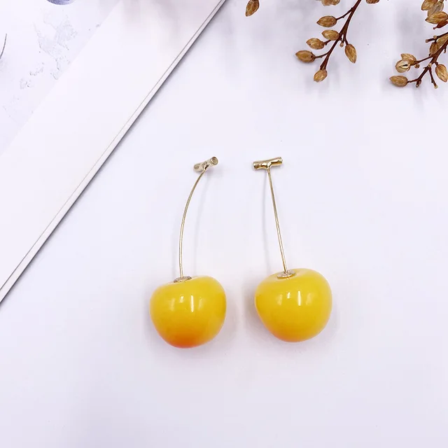 Korean Sweet Cherry Earrings Long statement Earrings for Women Acrylic Resin Colorful Fruit Dangle Earring Red Blue Pink Cherry yellow