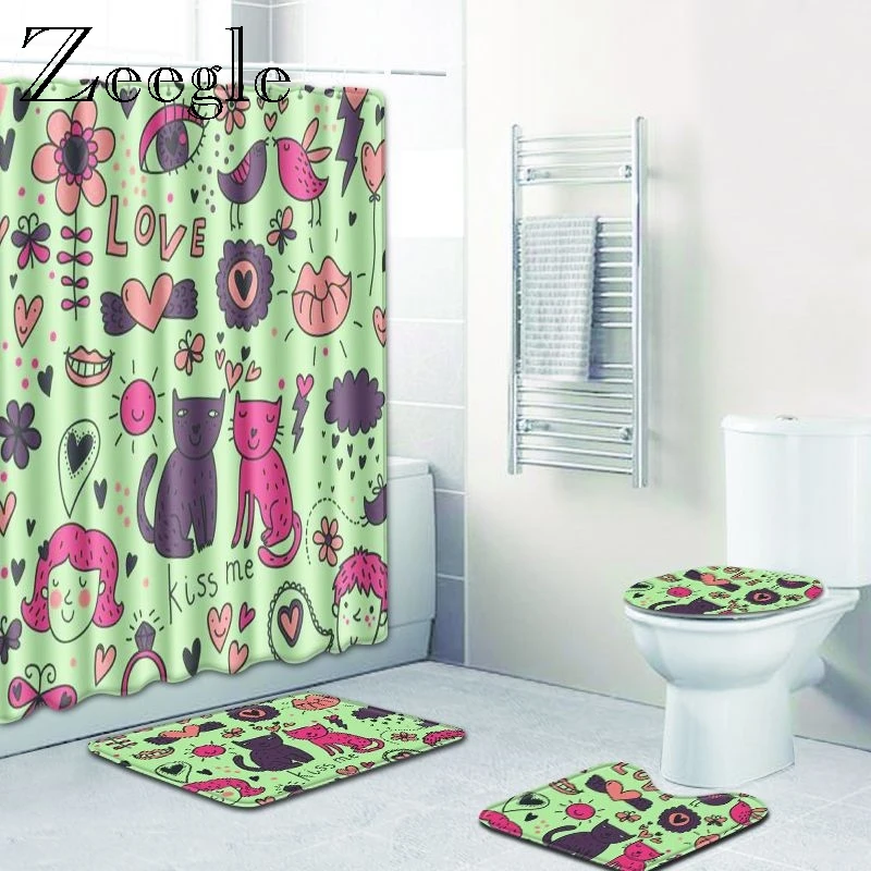 Cartoon Shower Curtain with Bathroom Mat Set Toilet Rugs and Mat Set Bath Carpet Bathroom Floor Mat Waterproof Shower Curtain