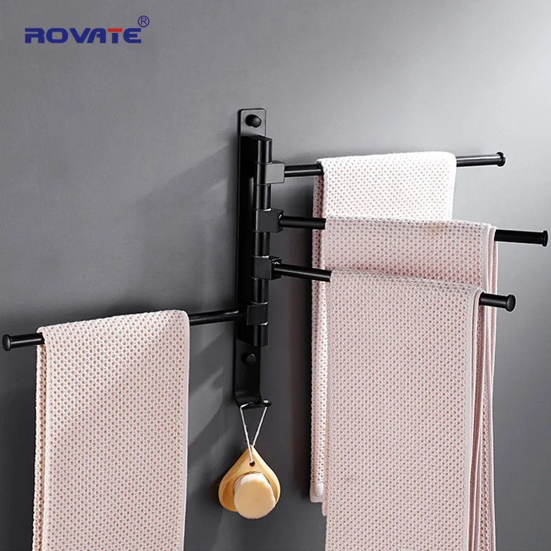 ROVATE 2/3/4/5-Arms Swivel Towel Bar with Towel Hooks, Black Bathroom Swing Hanger Rack Holder Space Saving Wall Mount