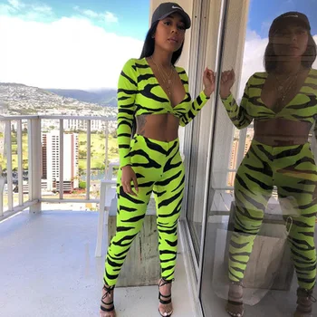 

Sexy Leopard Two Piece Set Women Long Sleeve V Neck T Shirt Pencil Pants Women Tracksuit Fashion Clubwear Tracksuit