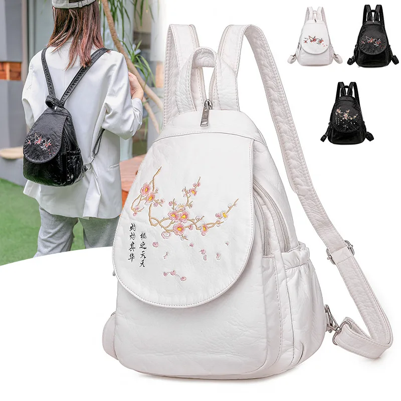 

Embroidery Flowers Women Backpack Soft Washed Leather Chest Shoulder Bag Multifunction Ladies Travel Bagpack Mochilas Feminina