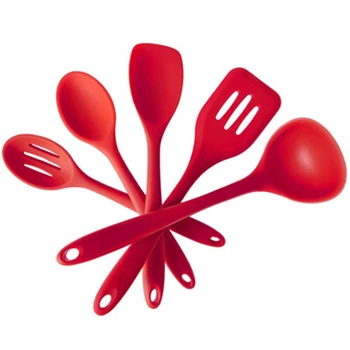 

5pcs Cooking Utensil Set Non Stick Cookware Spatula Heat-Resistant Silicone Kitchen Accessories Baking Tools Red Spoon
