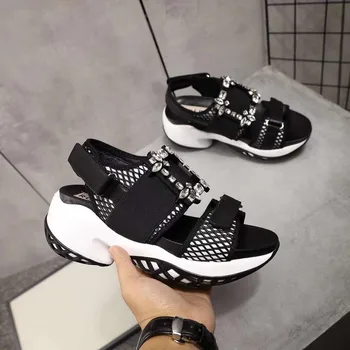 

Luxury Designer Women Velcro Sandals High Quality Genuine Leather Rhinestone Buckle Platform Sneakers Chunky Heels Dad Shoes S38