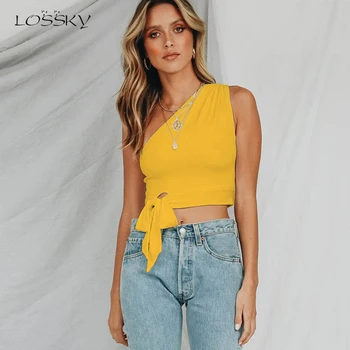 

Lossky T Shirts Cropped Tops Women Vogue Street Style Sexy One Shoulder Backless Vegan Summer Fall Short Clothes Tees Femme 2019