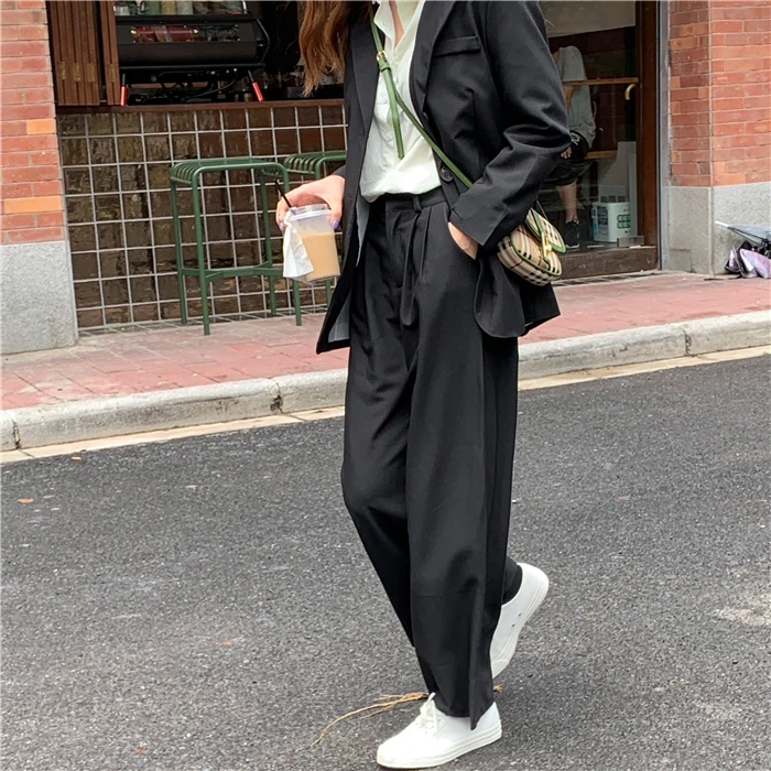 HziriP Autumn All Match Office Lady OL Style Solid Elegant Blazer+Straight Casual Loose Trouser Women Suits 2 Piece Sets