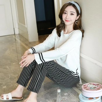 

Casual Striped Cotton Pajamas Sets for Women 2020 Spring Autumn Korean Sleepwear Girls Long Sleeve Pyjama Homewear Pijama Mujer