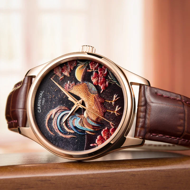 New Fashion top luxury brand CARNIVAL watches men automatic mechanical leather strap 3D cock dial clock MIYOTA movement relogio