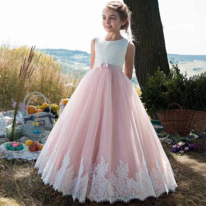 Элегантное платье с цветочным узором для девочек на свадьбу; Детские Длинные бальные платья из тюля без рукавов; нарядные платья принцессы для девочек