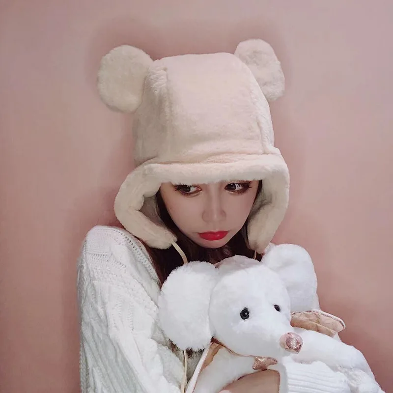 

2020 Autumn and Winter New Hat Ladies Earmuff Head Hat Bear Ear Plush Warm Hat Japanese Double-Sided Lei Feng Hat