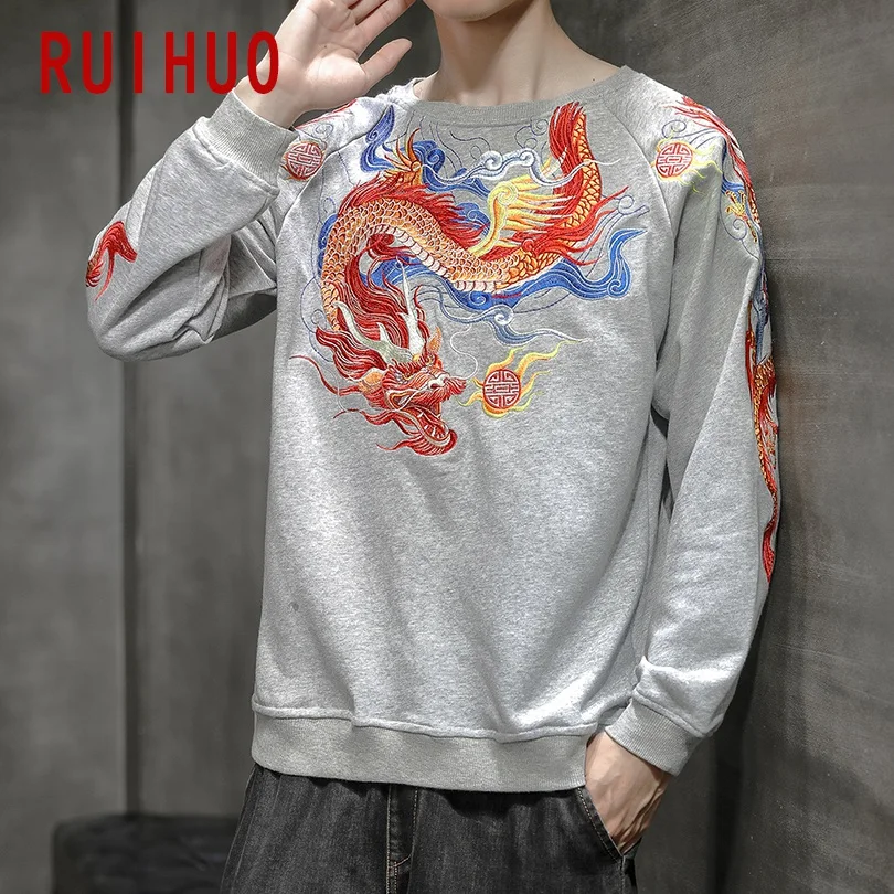 RUIHUO китайский дракон, вышивка, мужская Толстовка Harajuku, мужская Японская уличная одежда, мужские толстовки 5XL, осень