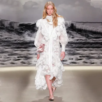 

New fashion heavy industry lace embroidery Ruffle hem long sleeve shirt dress