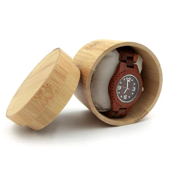 

Cylindrical Natural Bamboo Wood Box for Wristwatch Environmental Protection Foam Pillow Jewelry Watch Organizer Case Gift Box