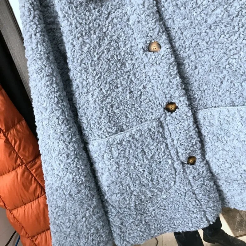 Harajuku пальто из искусственной овечьей шерсти, Женское зимнее свободное однобортное пальто с отворотом, модная верхняя одежда, однотонная теплая куртка розового и синего цвета