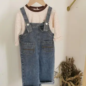 

2020 Korea Style Girls Boys Denim Overalls Spring Fashion Kids Jean Pants 1-6t PY89