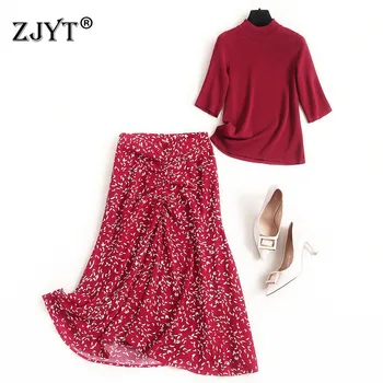 

2 Piece Set Women Skirt and Top 2020 New Fashion Summer Designers Outfits Short Sleeve Knitting Top and Print Midi Skirt Sets