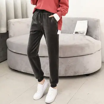 

Autumn Winter Women Comfy Harem Mid Waist Elastic Velvet Solid Loose Straight Casual Long Pants