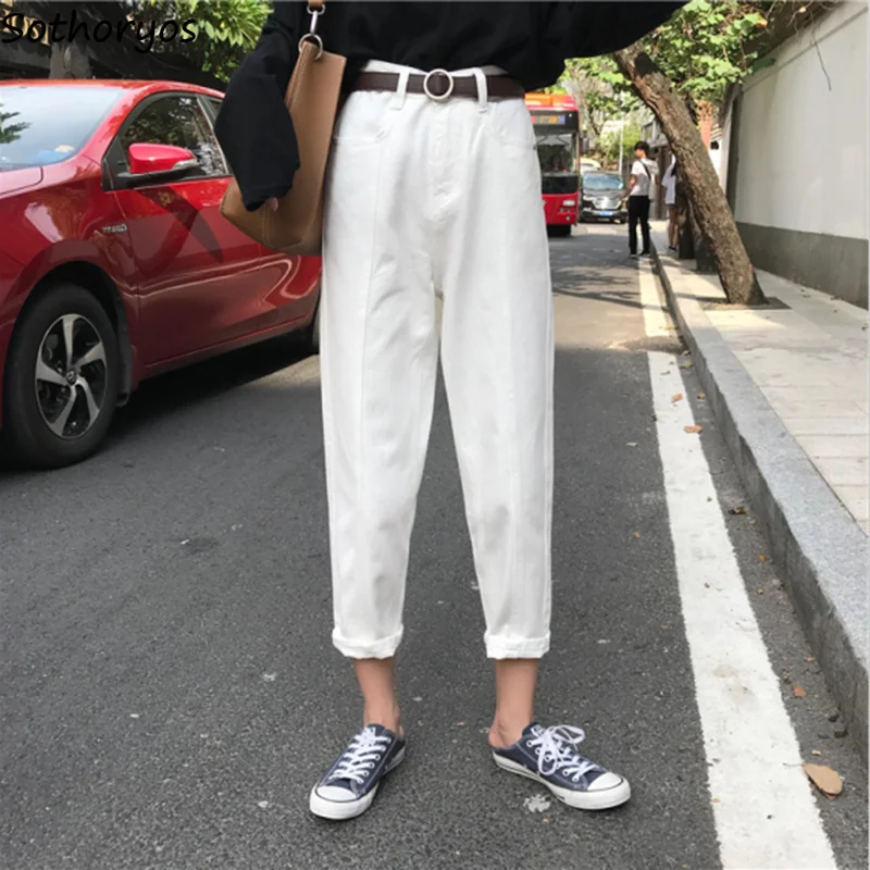 

Jeans Women Solid Denim Ulzzang Loose Korean Style 2019 High Waist Slim White Student Cuffs Fashion Womens Trousers Chic Casual