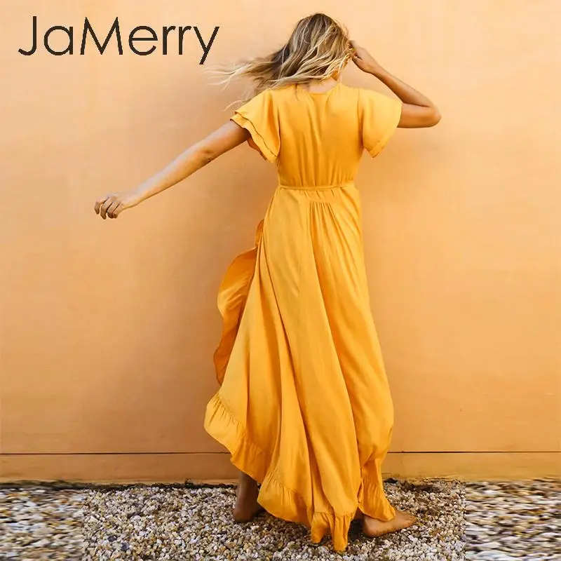 JaMerry винтажное богемное платье с рюшами, сексуальное хлопковое Пляжное Платье макси с коротким рукавом, повседневное однотонное желтое весеннее летнее платье с запахом