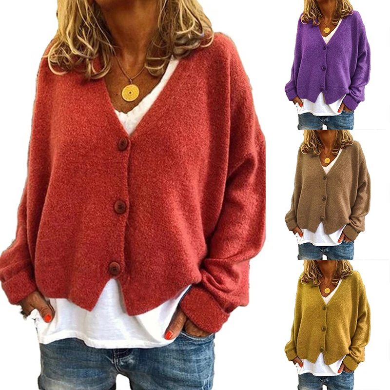 V Neck Loose Sweater Oversize Solid Color Coat Woman Sweater