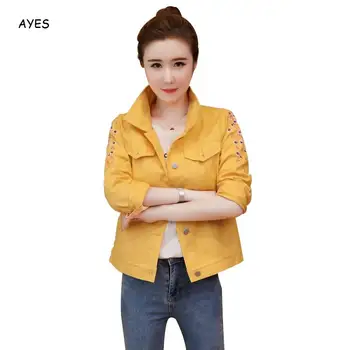 

Yellow Long Sleeve Coat Embroidery Floral Autumn Slim Coat Women Plus Size Yellow Jacket Fashion Laides Outwear Multi Pocket