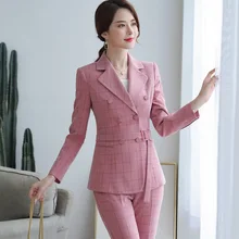 Женский костюм брючный костюм розовый хаки клетчатый длинный рукав двубортный пиджак+ длинные брюки комплект из 2 предметов гостиничная рабочая одежда 80322