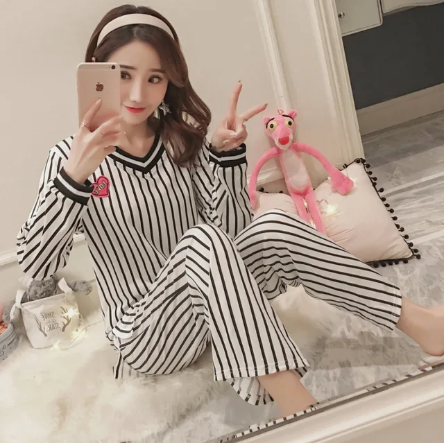 

According to Feminine Autumn & Winter Pajamas Women's Cotton Long Sleeve Korean-style Casual Stripes Homewear Set 170G Yarn-dyed