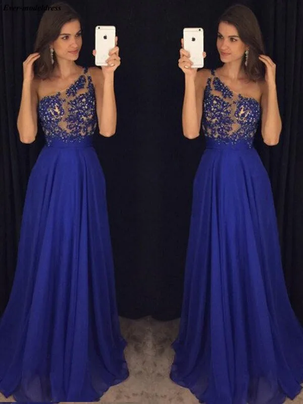 Одно плечо Длинные Выпускные платья, аппликации из кружева полупрозрачное с бусинками Топ официальные шифоновые платья Вечеринка Платья Vestidos De Festa - Цвет: same as picture