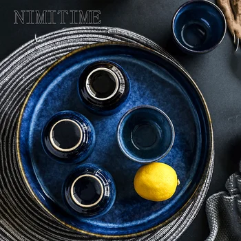 

NIMITIME Japanese Style Ceramic Household Plate Tray Dish Tea Cup Round Fruit Large Tea Tray Drinkware Set