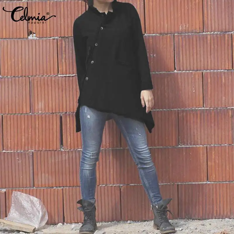 Cena Plus rozmiar asymetryczna tunikowe bluzki kobiety w stylu Vintage bawełniane bluzki Celmia 2019 moda z długim rękawem luźne guziki kieszenie koszule Blusa