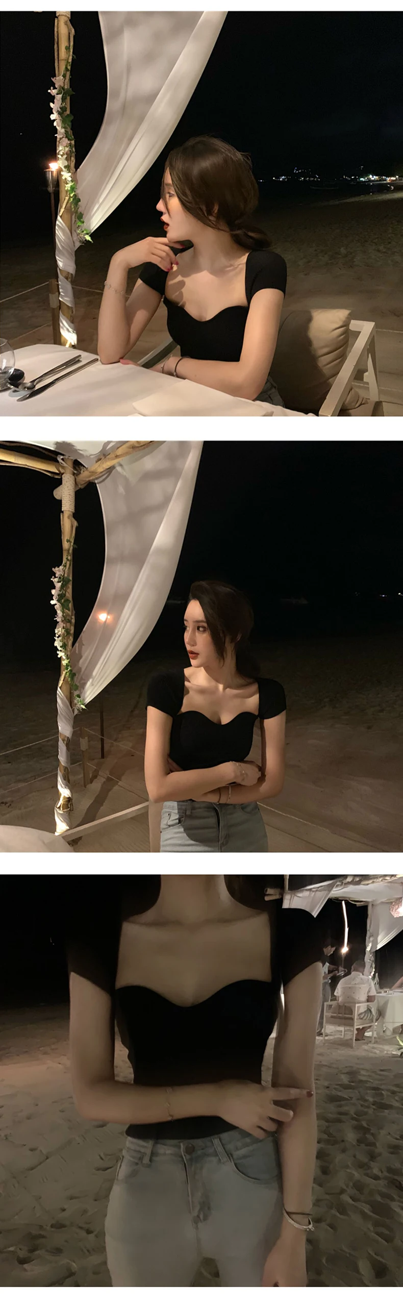 Sexy Square Collar Tshirt Women Solid Color  Knitted Elastic Slim Tops 2020 Summer Woman Short Sleeve T Shirt Fashion Streetwear