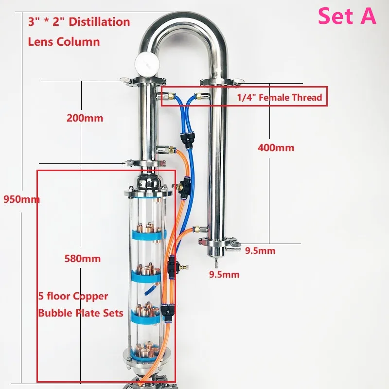 NEW 2" 51mm OD64mm Flute Distiller With 5 Floor Distillation Lens Column For Homebrew, Copper Or