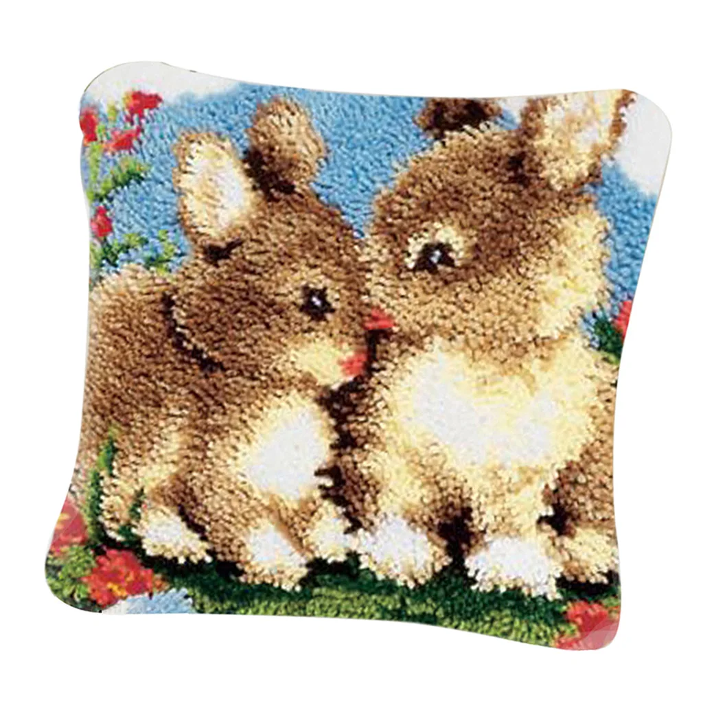 Latch Hook Kits for DIY Throw Rug Carpet Two Rabbits with Pattern Printed, Crochet Needlework Crafts for Kids and Adults