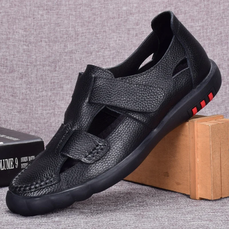 

Vintage Men's Genuine Leather Shoes2019 Summer New Hollowed-out Ventilate Sandals Hook Loop Beach Shoes