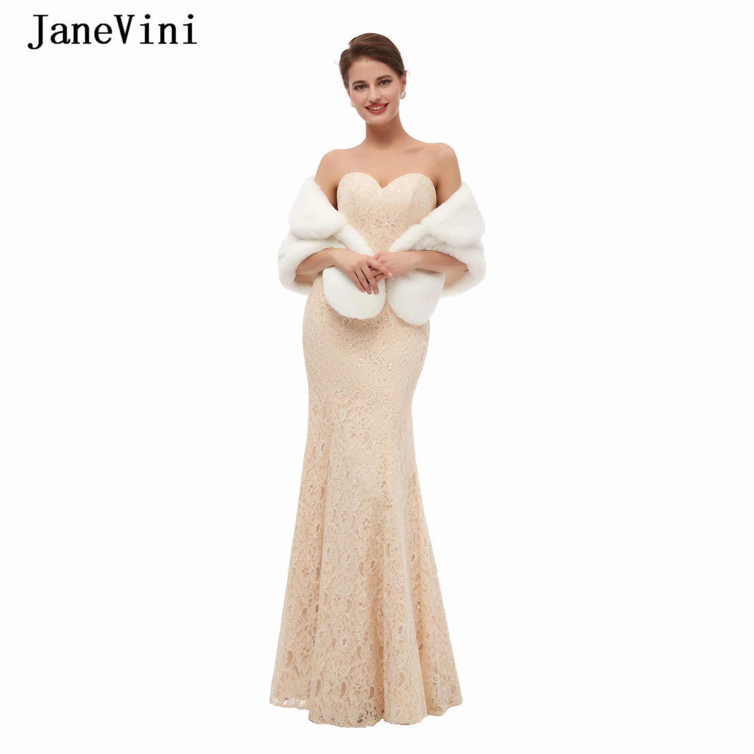 JaneVini Fashion White Faux Fur Wraps and Shawls Women Wedding Fur Coat Bolero Elegant Winter Warm Bridal Stoles Abrigo De Novia