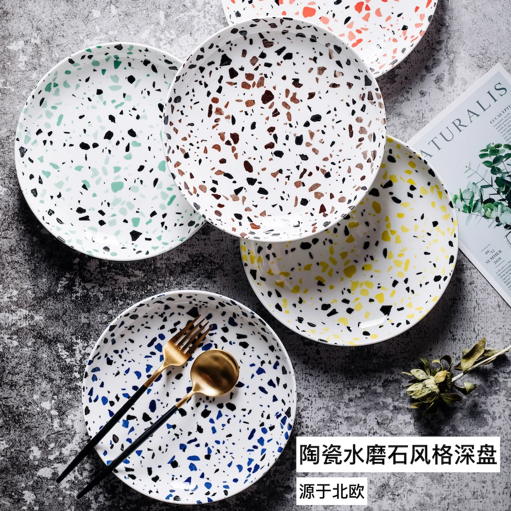 

Terrazzo Ceramic Plate Glaze Round Solid Color Dessert Dish Simple and Creative Salad Cutter Dishes Dinnerware Set