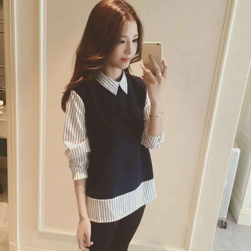 Women Lapel Long-sleeved Slim Shirts Long Section Fake Two-piece Female Girl Blouses And Tops blouses & shirts Blouses & Shirts