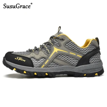 

SusuGrace Genuine Leather Men Hiking Shoes Autumn Breathable Sneakers Light Mens Outdoor Climbing shoes Sport footwear hombres